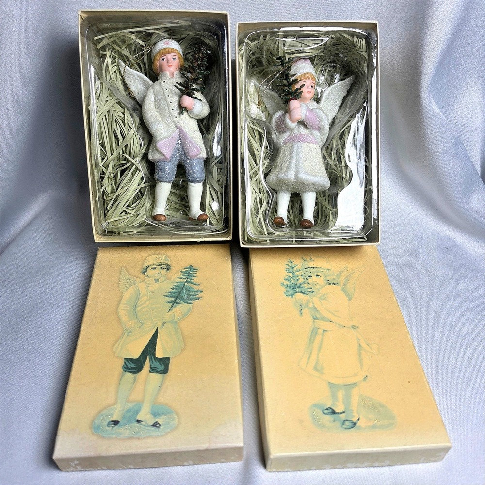 Vintage 2002 Costco Winter Angel Ornaments Set of 2 Boy Girl Glitter Figurines